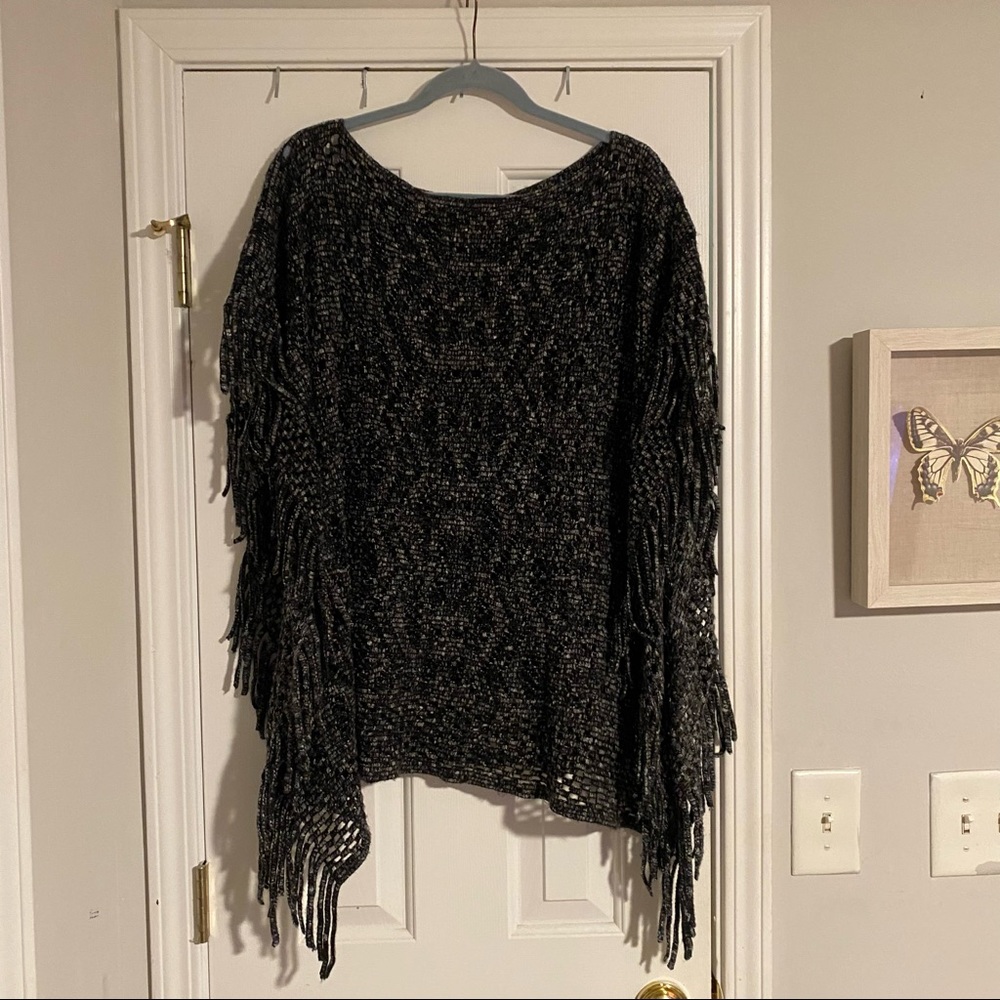 Black and Gray knit Poncho with fringe